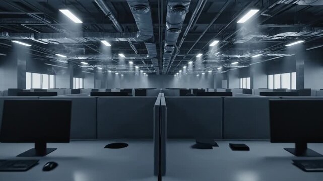 Empty office space with rows of desks and chairs under exposed ceiling pipes and lighting fixtures in a large modern building