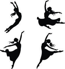 Black and white silhouette illustration of dancing in a white background.