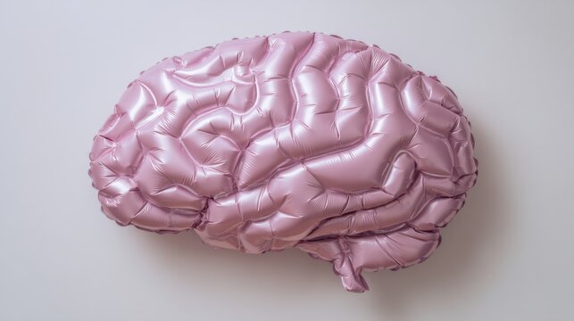 A large pink inflatable brain is displayed against a plain white background. This unique piece can be used for educational events parties or as a decorative art item.
