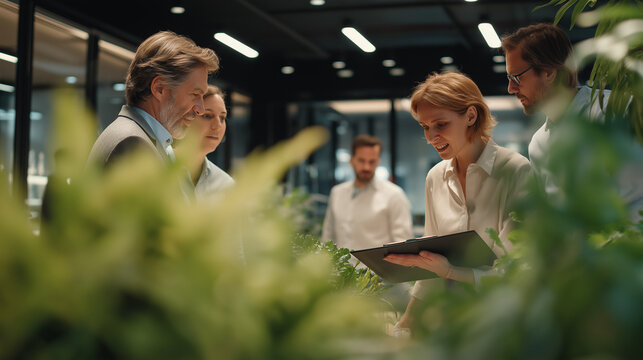 sustainable business meeting, green innovation teamwork
