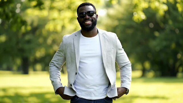 Smiling African American Man Wearing Sunglasses and a Light Gray Blazer Stands Confidently in a Lush Green Park with