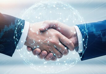 Business partners shaking hands with global network overlay