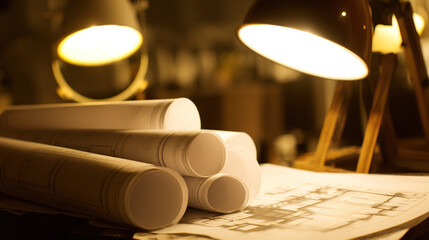 drafting. Architectural blueprint on a drafting table, warm lamp light creating a moody creative workspace atmosphere. real-estate listings.
