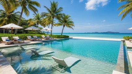Fototapeta premium Luxurious infinity pool overlooking a pristine white sand beach with palm trees under a clear blue sky, perfect for a relaxing tropical island vacation getaway