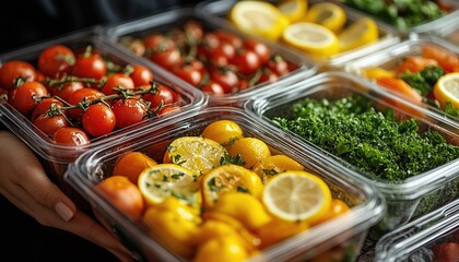 Person carries containers filled with fresh produce: tomatoes, lemons, greens. Shows healthy meal prep for diets or a catering service's fresh ingredients.