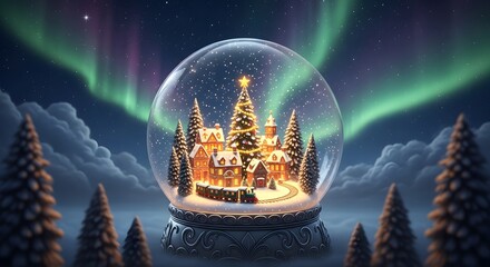 Enchanting Christmas Snow Globe Under the Northern Lights
