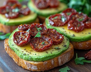 Avocado toast topped with sun-dried tomatoes and spices on a wooden board. Use for food blogs, recipe sites, or healthy eating advertisements.