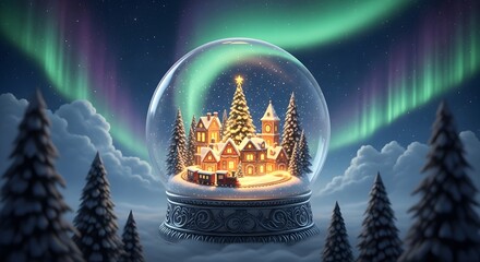 Magical Snow Globe Scene with Northern Lights Illuminating a Festive Village and Snowy Trees