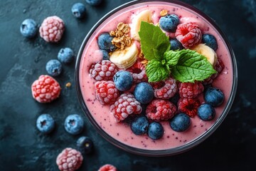 Delicious smoothie bowl with raspberries, blueberries, banana, and granola. Use this image for a food blog or healthy recipe related project.