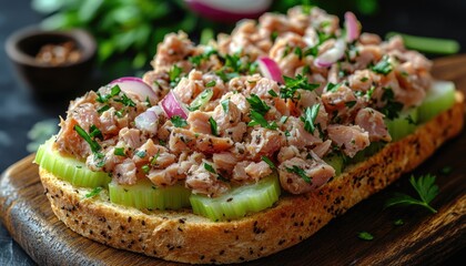 Open sandwich with salmon, cucumber and red onion on wooden board. Showcase culinary blog recipe or restaurant menu item, healthy appetizer.