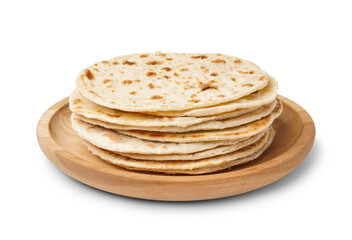 Plate with tasty pita bread on white background