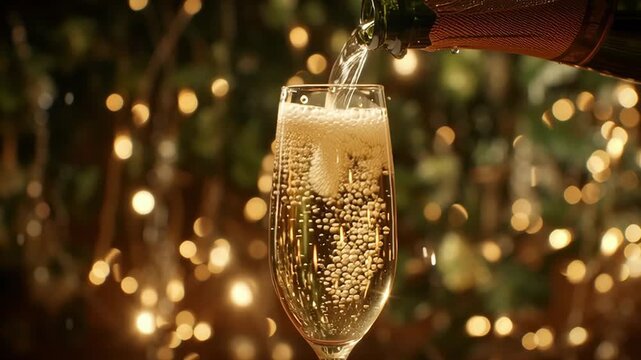 Description: Sparkling wine is poured into a tall champagne flute against warm golden bokeh lights, festive celebration drink closeup