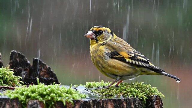 Eurasian Siskin bird drinking rain water from mossy tree stump