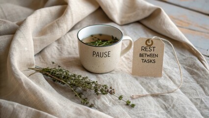 Cozy Coffee Mug with Herbal Tea and Label Emphasizing Rest Between Tasks on Linen Background for Mindfulness and Break Themes