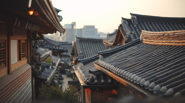 traditional hanok village, sunset over tiled rooftops
