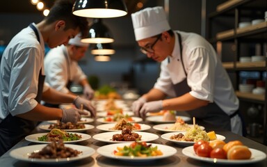Korean Chef Finalizing Plates for Service Behind Counter. High quality