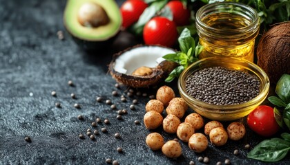 Dark, moody food still life with avocado, tomato, coconut, oil, and seeds. Perfect for blog posts about cooking, healthy eating, or organic ingredients.