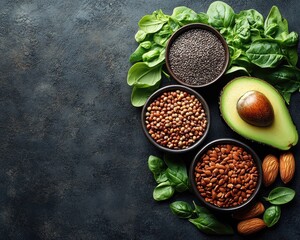 Overhead of avocado, nuts, chia seeds, spinach on dark texture. Concept is perfect for showcasing healthy eating and keto diets.