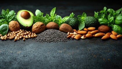 Avocado, walnuts, almonds, basil, and black seeds are set on dark surface. Use for promoting healthy eating, natural ingredients and vegan lifestyle.
