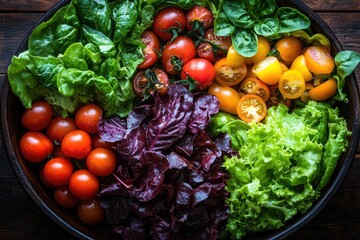 Bowl of colorful heirloom tomatoes, basil and lettuce on wooden background. Use to show healthy food, fresh produce, nutrition or vegetarian options.