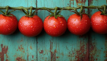 Wet tomatoes on the vine against a rustic, blue-green wooden backdrop. Showcase fresh produce, organic food, and healthy eating concepts here.