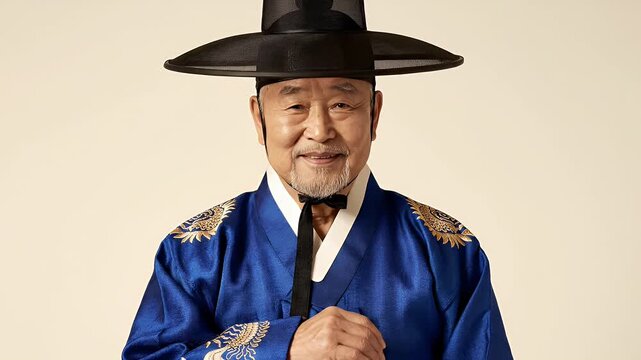 Elderly Asian Man Wearing Traditional Blue Royal Robes and Black Hat Smiles Warmly Against a Soft Beige Background