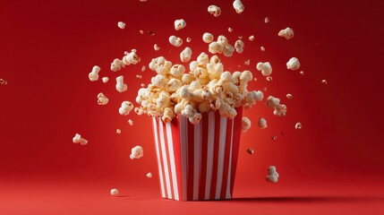 A bucket filled with popcorn is caught mid explosion with fluffy pieces flying everywhere against a bright red background. This lively display captures the excitement of snack time.