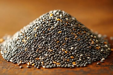 Pile of chia seeds on a wooden surface, close-up shot. For healthy eating, breakfast bowls, and weight loss ads.