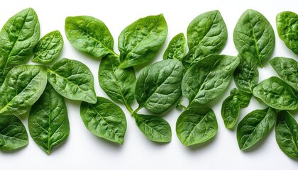 Fresh spinach leaves neatly arranged on a clean, white background surface. Ideal for healthy food blog, salad recipe illustration, and organic farming.