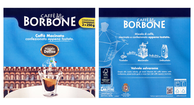 Borbone Caff&egrave; Miscela Decisa,pack of 2 x 250g ground coffee package,Italian brand,product front and back view isolated.