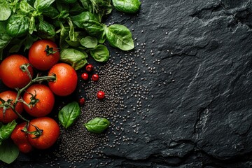 Fresh basil, tomatoes, cranberries, and seeds lie on dark slate stone. Use it to display fresh food ingredients, advertising a grocery shop.
