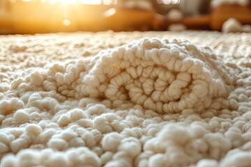 Close-up shot of a soft, beige-colored woven wool or cotton material. Depicts warmth and comfort, ideal for backgrounds related to crafting.