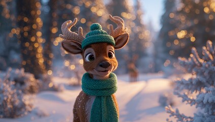 Adorable 3D Cartoon Reindeer Character Wearing Knit Scarf and Beanie in Snowy Forest