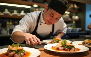 Korean Chef Finalizing Plates for Service Behind Counter. High quality