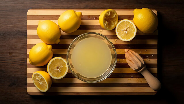 Whole and halved lemons with juice in bowl and reamer citrus fruit