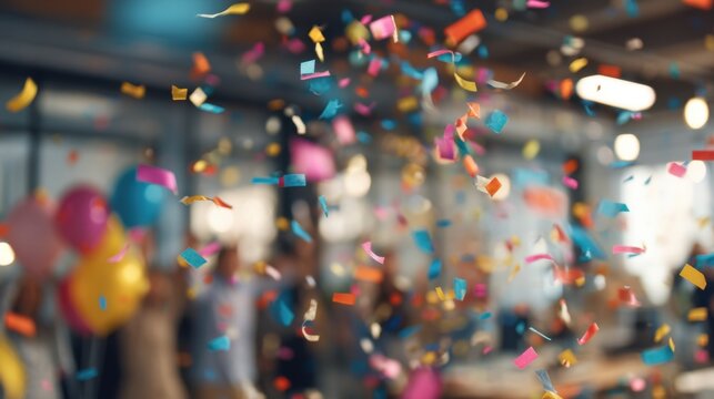 Colorful confetti is scattered in the air during a vibrant party indoors. Guests enjoy the festive atmosphere with laughter and conversation. Balloons add to the joyful decor. - Powered by Adobe