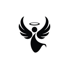 Obraz premium Black Angel Silhouette with Halo and Wings on White Background symbol