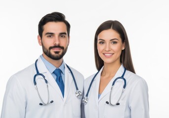 Fototapeta premium Male and female doctor couple smiling wearing white coats
