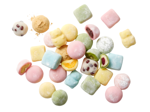 A Vibrant Spread of Colorful Japanese Mochi Desserts Captured in a Deliciously Artistic Arrangement
