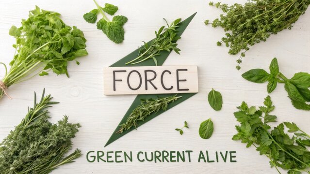 Fresh Herbs and Greens Arrangement with Force Motivation on White Wooden Background for Wellness and Nature Themes