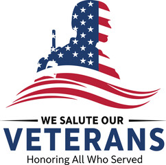 We Salute Our Veterans Graphic Design with Soldier Silhouette and USA Flag Pattern, Honoring All Who Served, Patriotic Military Vector Illustration.