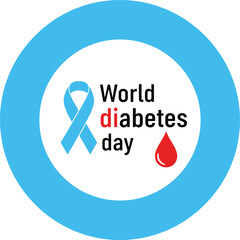 World Diabetes Day Awareness Logo Vector, Featuring Blue Circle, Blue Ribbon Symbol, and Red Blood Drop Icon, Global Health Campaign Illustration.
