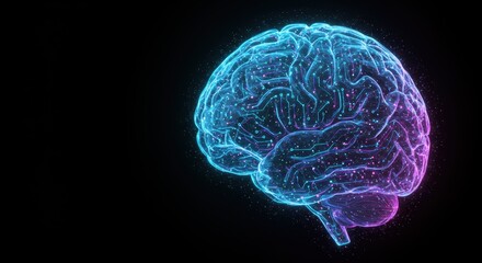 Luminous digital representation of human cerebrum structure glows against dark background