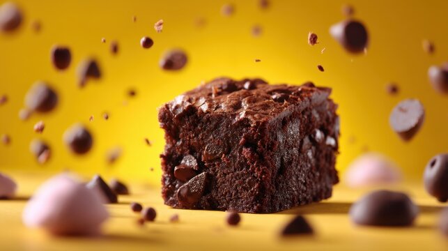 A rich chocolate brownie sits on a table with chocolate chips and pieces flying around it. The bright yellow background highlights the dessert creating a lively and tempting scene.