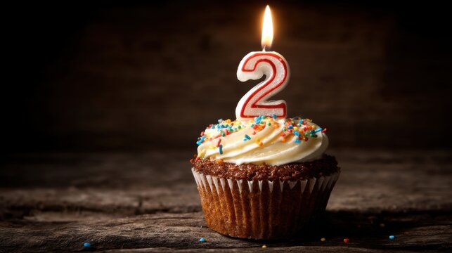A rich chocolate cupcake topped with creamy frosting and colorful sprinkles has a bright number two candle glowing on top. The setting is warm and inviting perfect for a birthday celebration.
