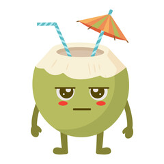 Grumpy Coconut Cartoon Character with Straws and Umbrella