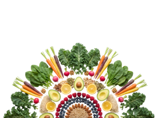 Vibrant and Colorful Assembled Arrangement of Fresh Fruits, Vegetables, Nuts, and Grains on a Black Background