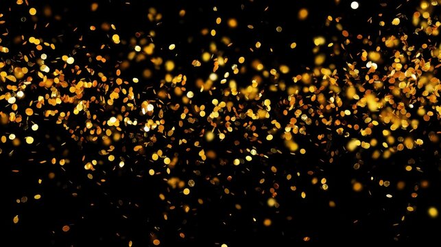 Golden confetti sparkles in the air against a dark background creating a vibrant and festive scene perfect for parties and celebrations. A joyful ambiance enhances the charm of the moment. - Powered by Adobe