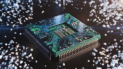 Abstract Snowflake Digital Transformation Animation With Microchip Technology And Blue Lens Flare - Powered by Adobe