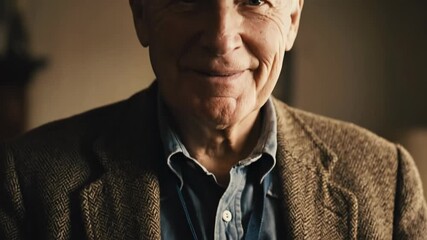 Person wearing herringbone jacket with blank identification badge